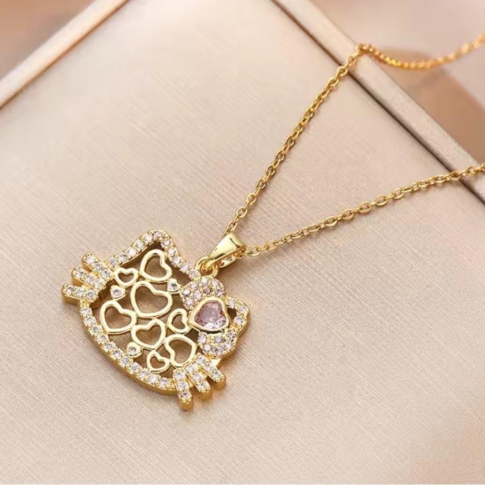 18K Gold Hello Kitty Silhouette Head Heart Cut Outs Pave Diamond Inlay Necklace